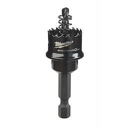Milwaukee Shockwave One-Step Hole Saw with spring-loaded pilot bit and hex shank.
