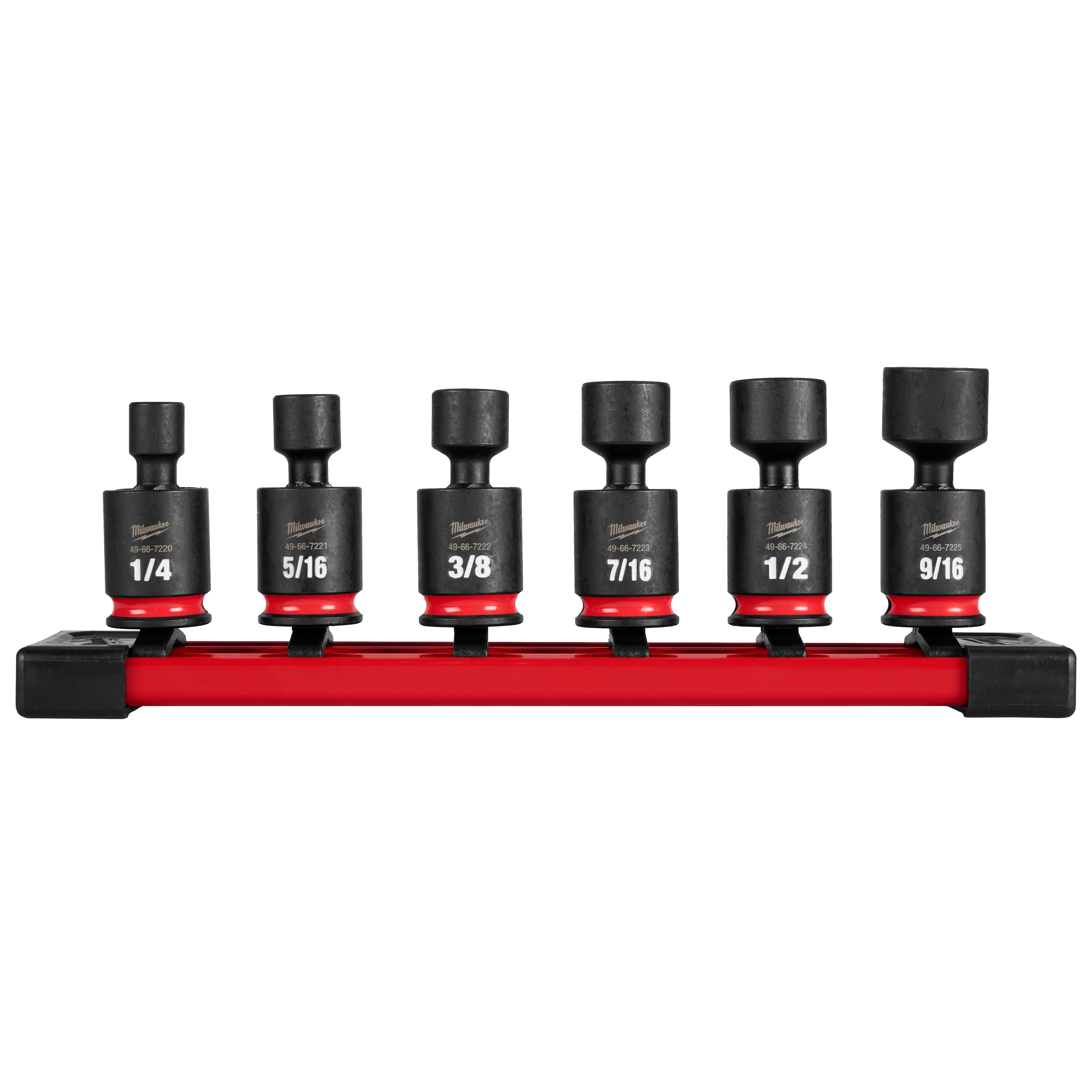 The 6PC SHOCKWAVE Impact Duty 1/4" Drive 6 Point SAE Standard Swivel Socket Set includes six black swivel sockets in sizes 1/4, 5/16, 3/8, 7/16, 1/2, and 9/16 inches, mounted on a red organizing rail. Each socket has a red band and clear labeling.