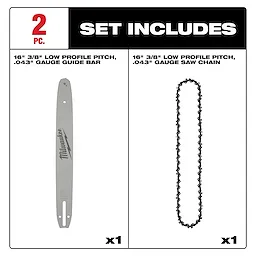 Set includes 16" 3/8" low profile pitch, .043" gauge guide bar and 16" 3/8" low profile pitch, .043" gauge saw chain.
