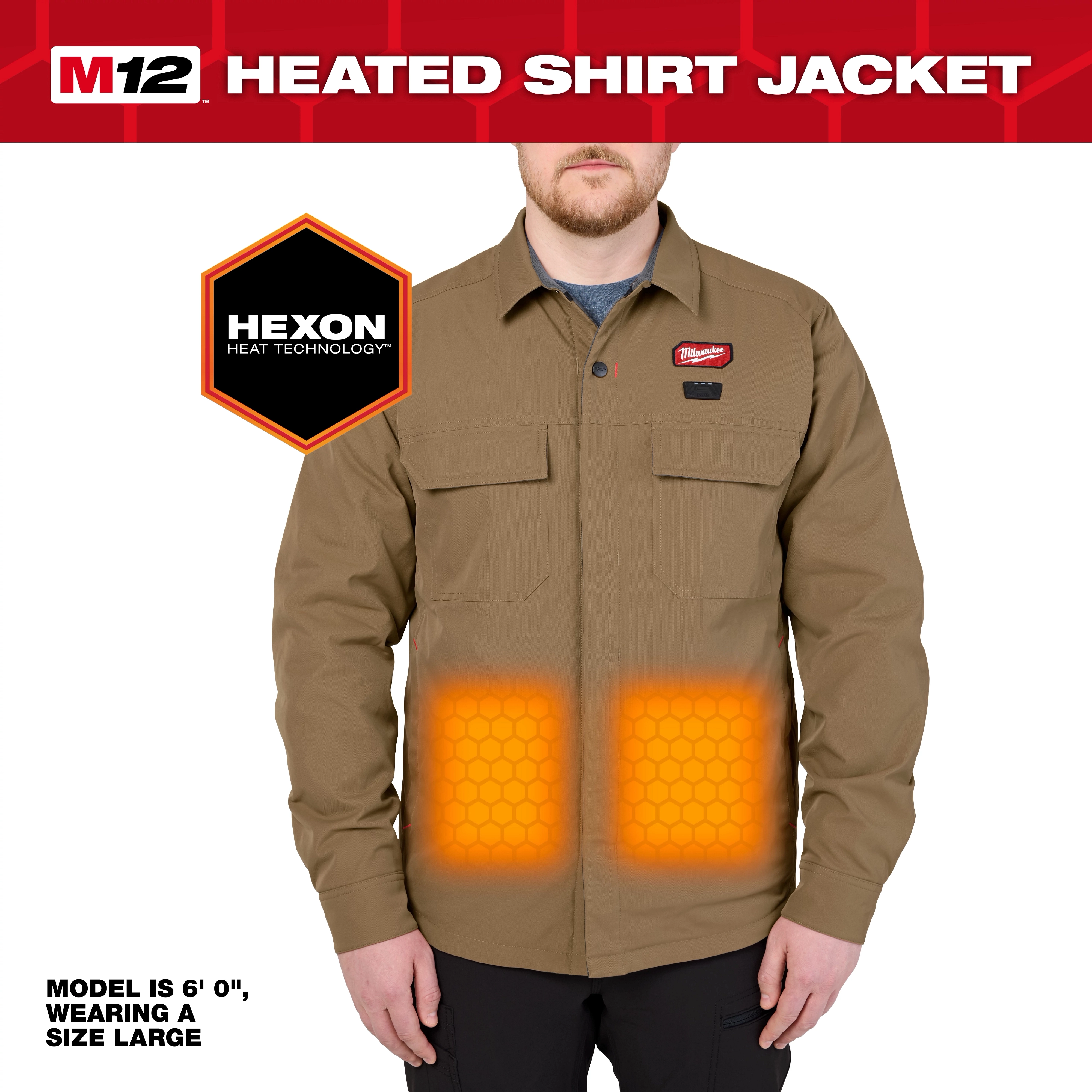 M12 Shirt Jacket - Khaki S-2X shown on a standing model with glowing heated panels on the lower front.