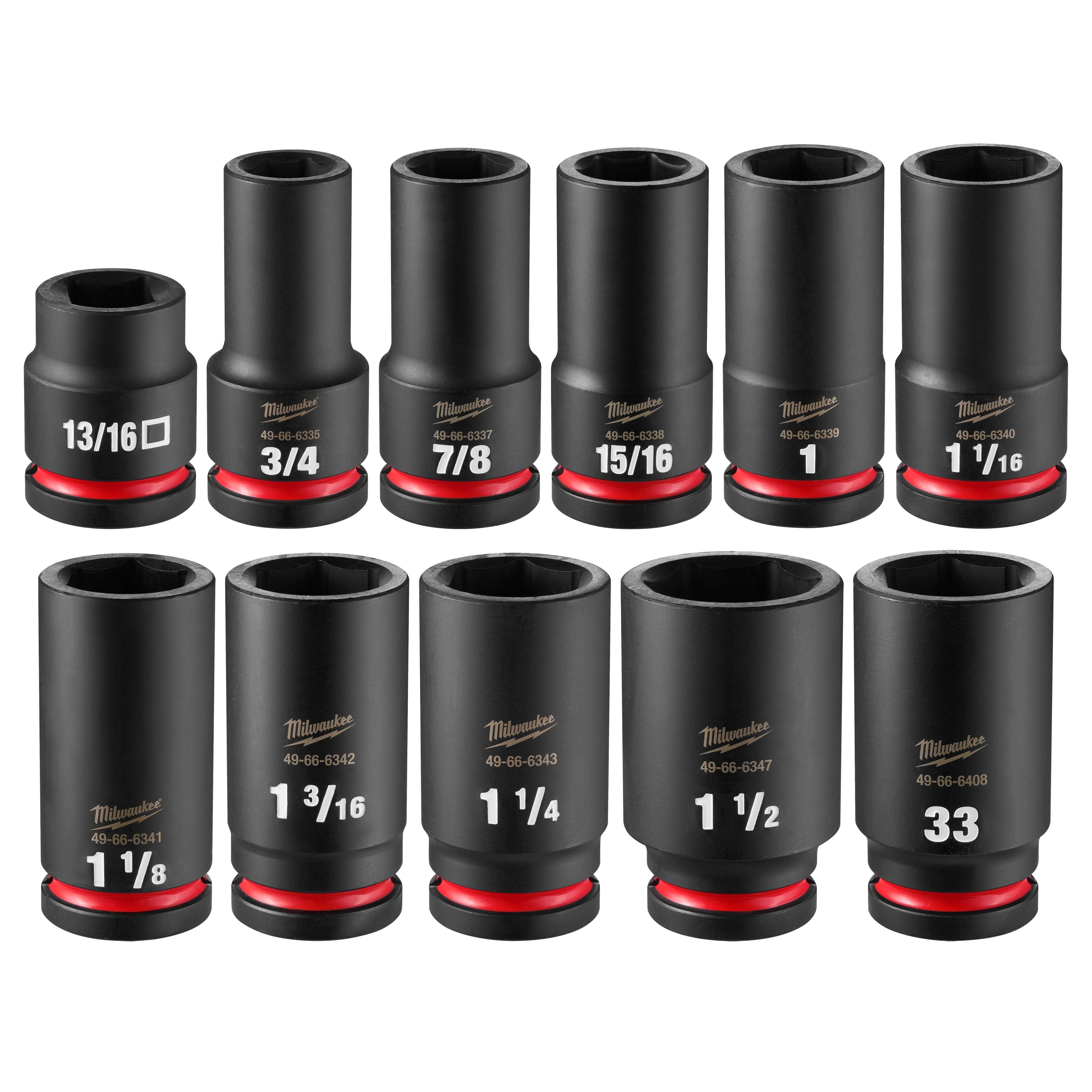 11PC SHOCKWAVE Impact Duty 3/4" Drive Wheel Socket Set with PACKOUT, featuring 11 black sockets with red rings at the base.