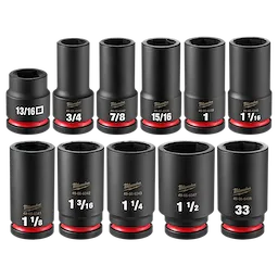11PC SHOCKWAVE Impact Duty 3/4" Drive Wheel Socket Set with PACKOUT, featuring 11 black sockets with red rings at the base.