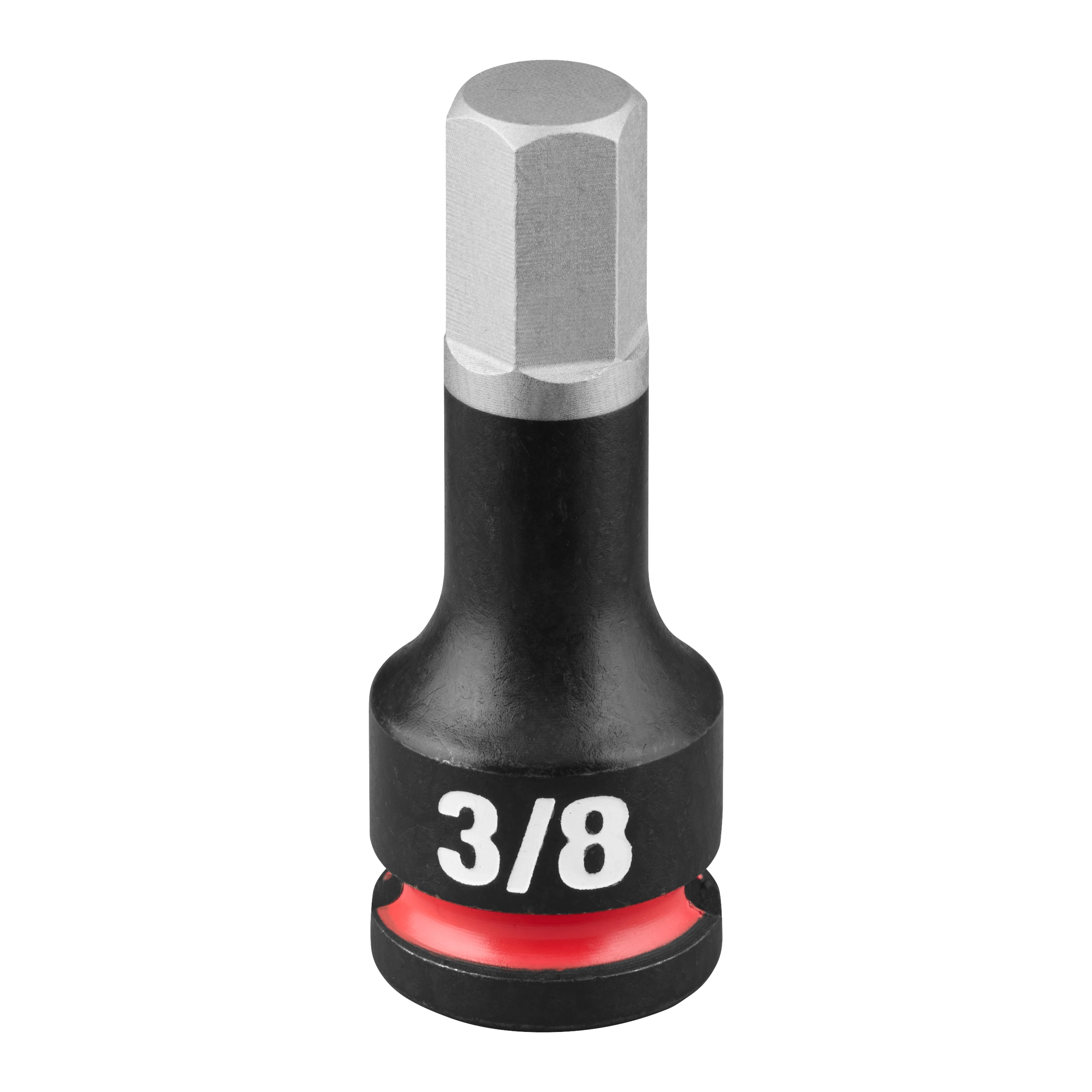The SHOCKWAVE Impact Duty 3/8" Drive 2" Hex 3/8" Bit Socket features a durable black base with a red ring and a silver hexagonal head.