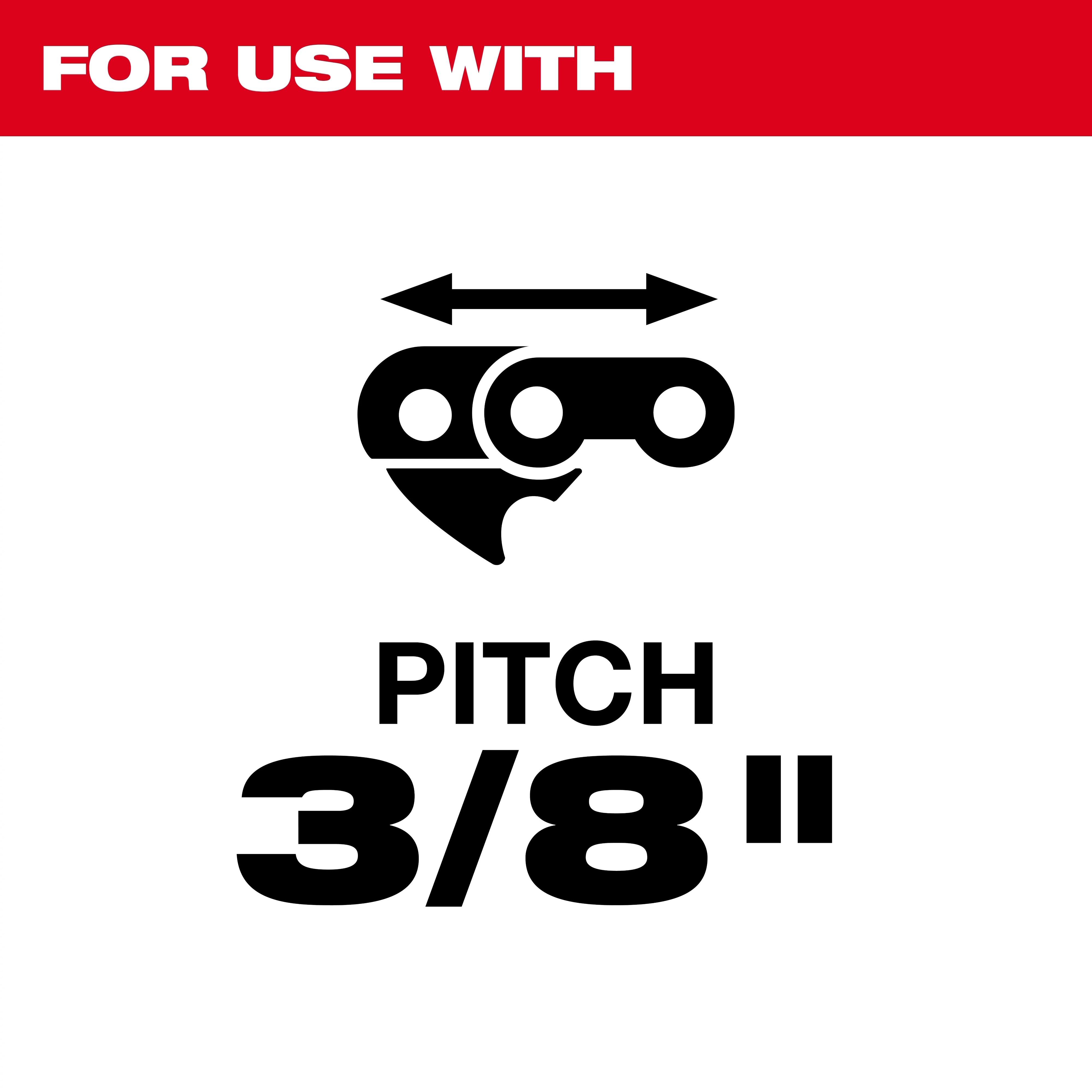 13/64” Round File for Saw Chain 6 PK is designed for use with saw chains with a 3/8" pitch. The image features a graphic of a saw chain with directional arrows above and a "PITCH 3/8"" text below.