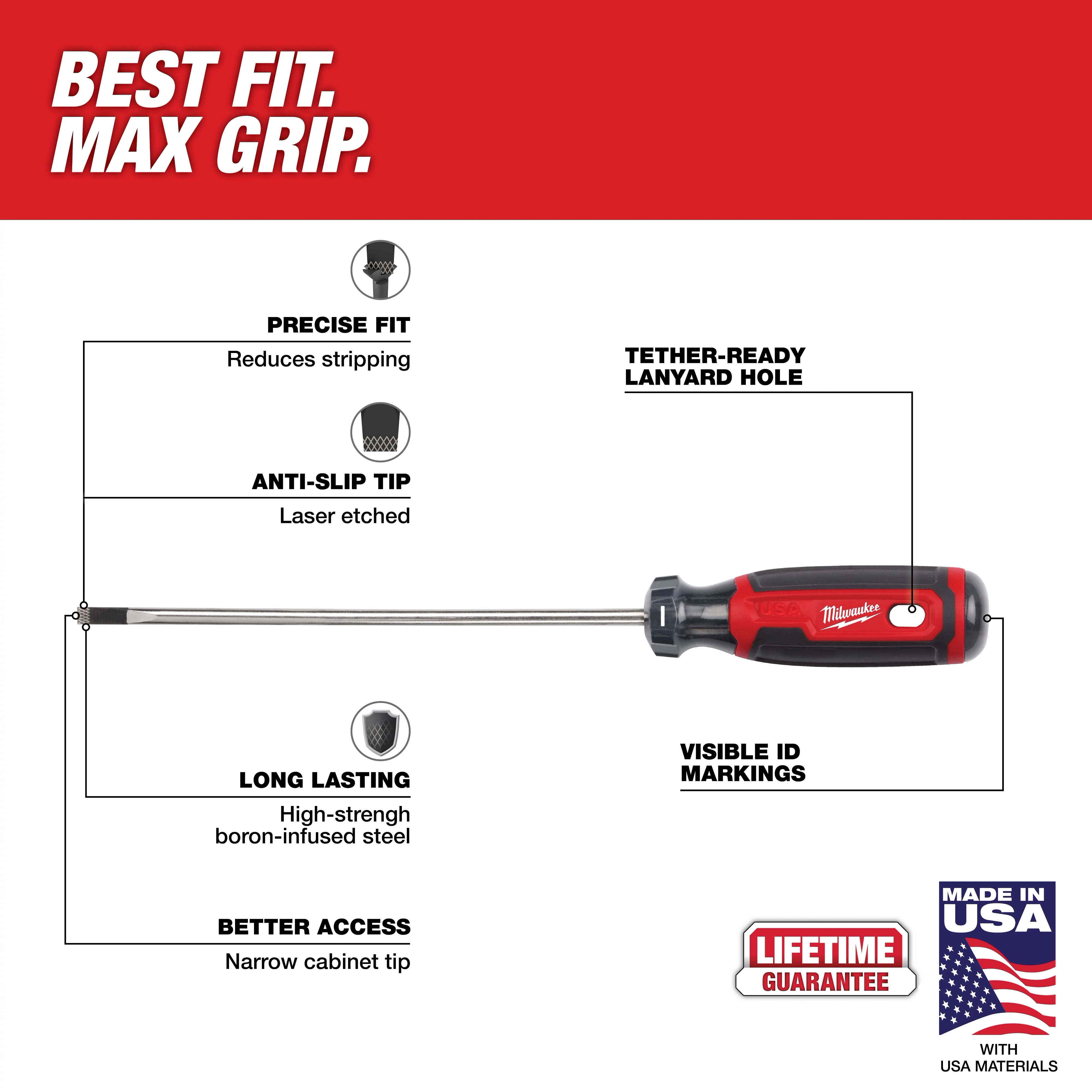 3/16" Cabinet 6" Cushion Grip Screwdriver (USA) with anti-slip tip, precise fit, visible ID markings, narrow tip, and tether-ready hole.