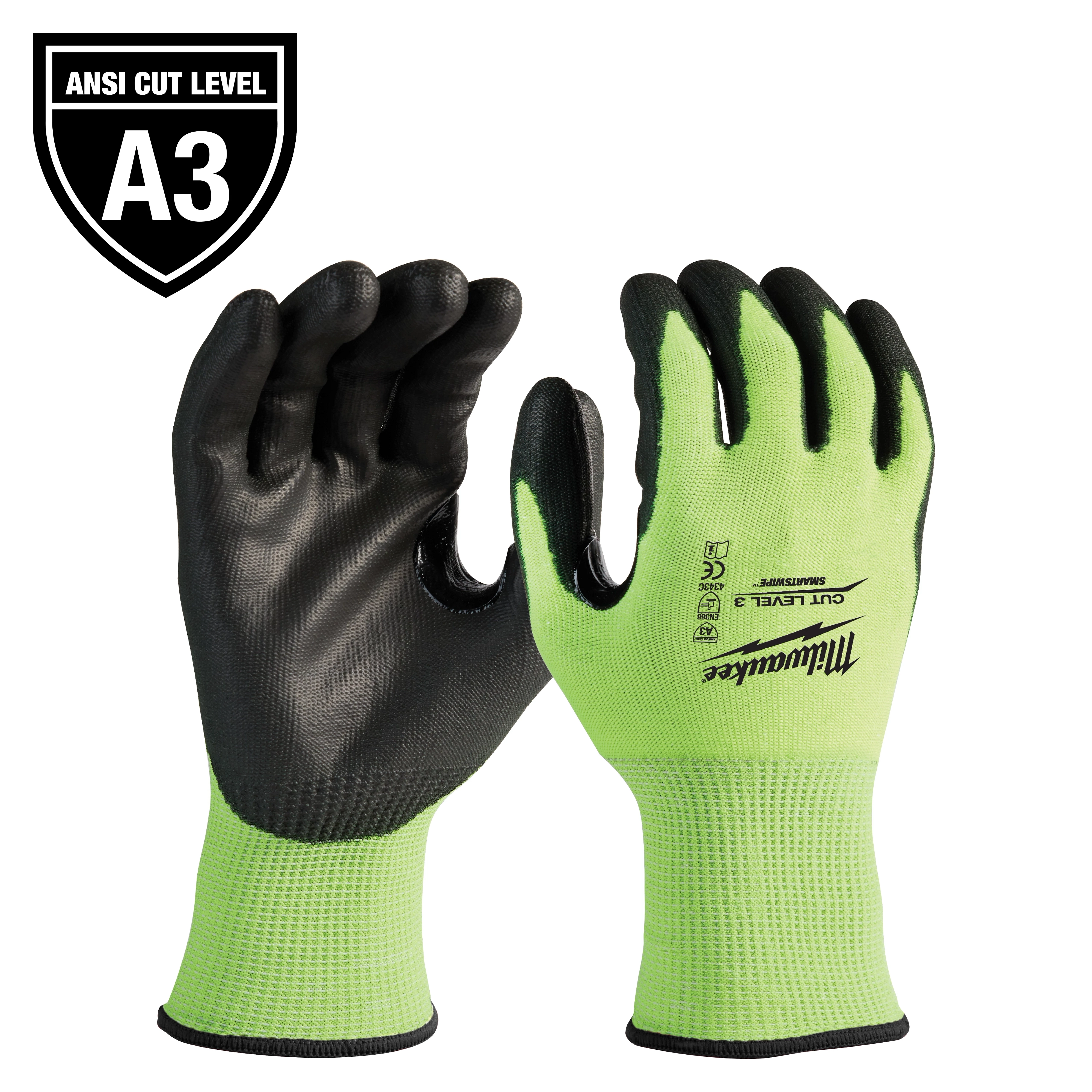 High Visibility Level 3 Cut Resistant Polyurethane Dipped Work Gloves with green backs and black palms, labeled ANSI Cut Level A3.