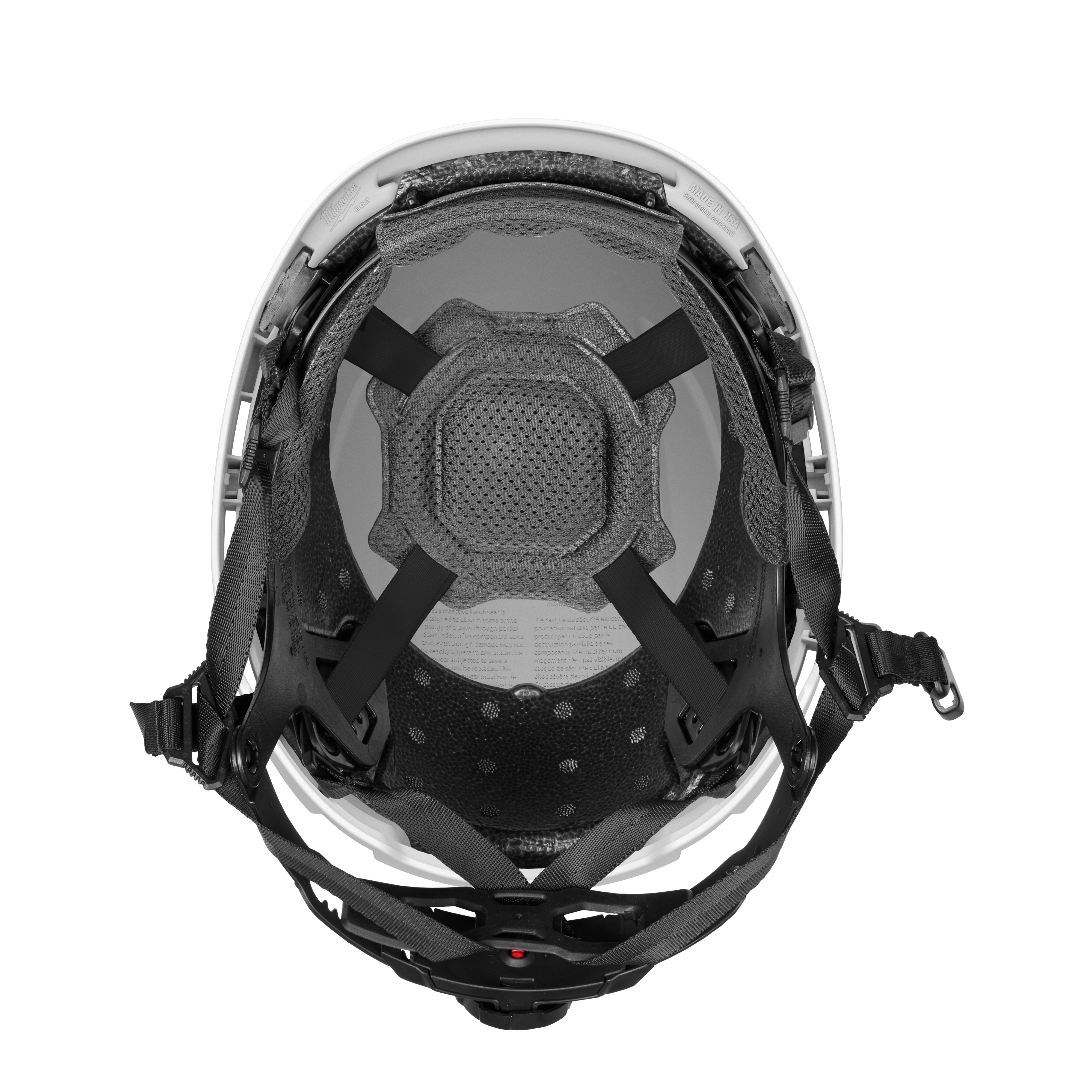 The BOLT™ White Safety Helmet with 4pt Ratcheting Suspension – Type 2, Class E is shown from the inside, highlighting its adjustable suspension system and padding for enhanced comfort and protection.