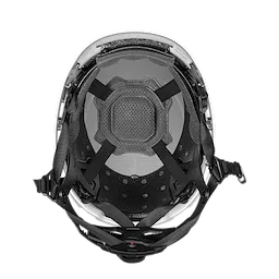 The BOLT™ White Safety Helmet with 4pt Ratcheting Suspension – Type 2, Class E is shown from the inside, highlighting its adjustable suspension system and padding for enhanced comfort and protection.