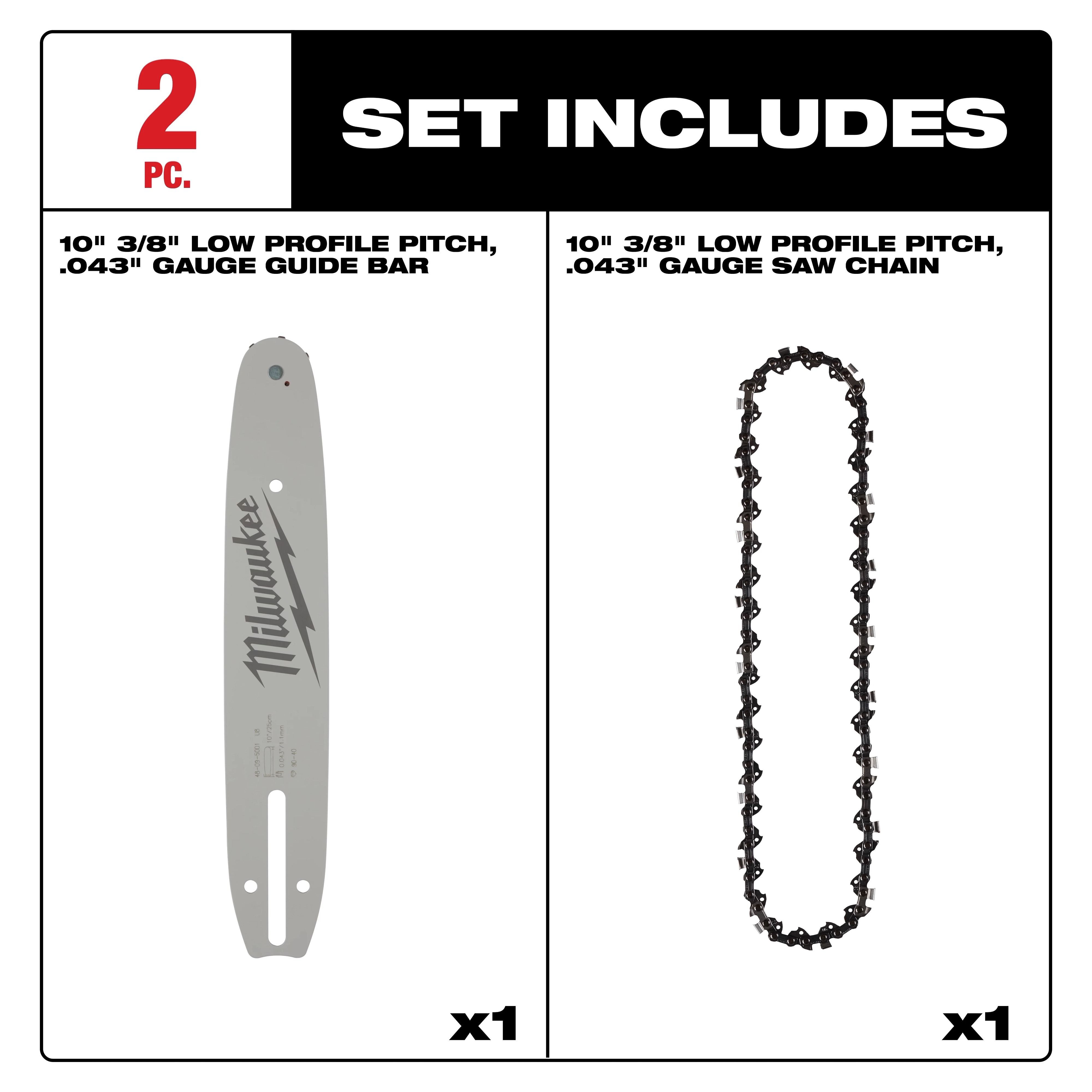 10" 3/8", .043" gauge saw chain and guide bar set includes a guide bar and saw chain, each in low profile pitch.