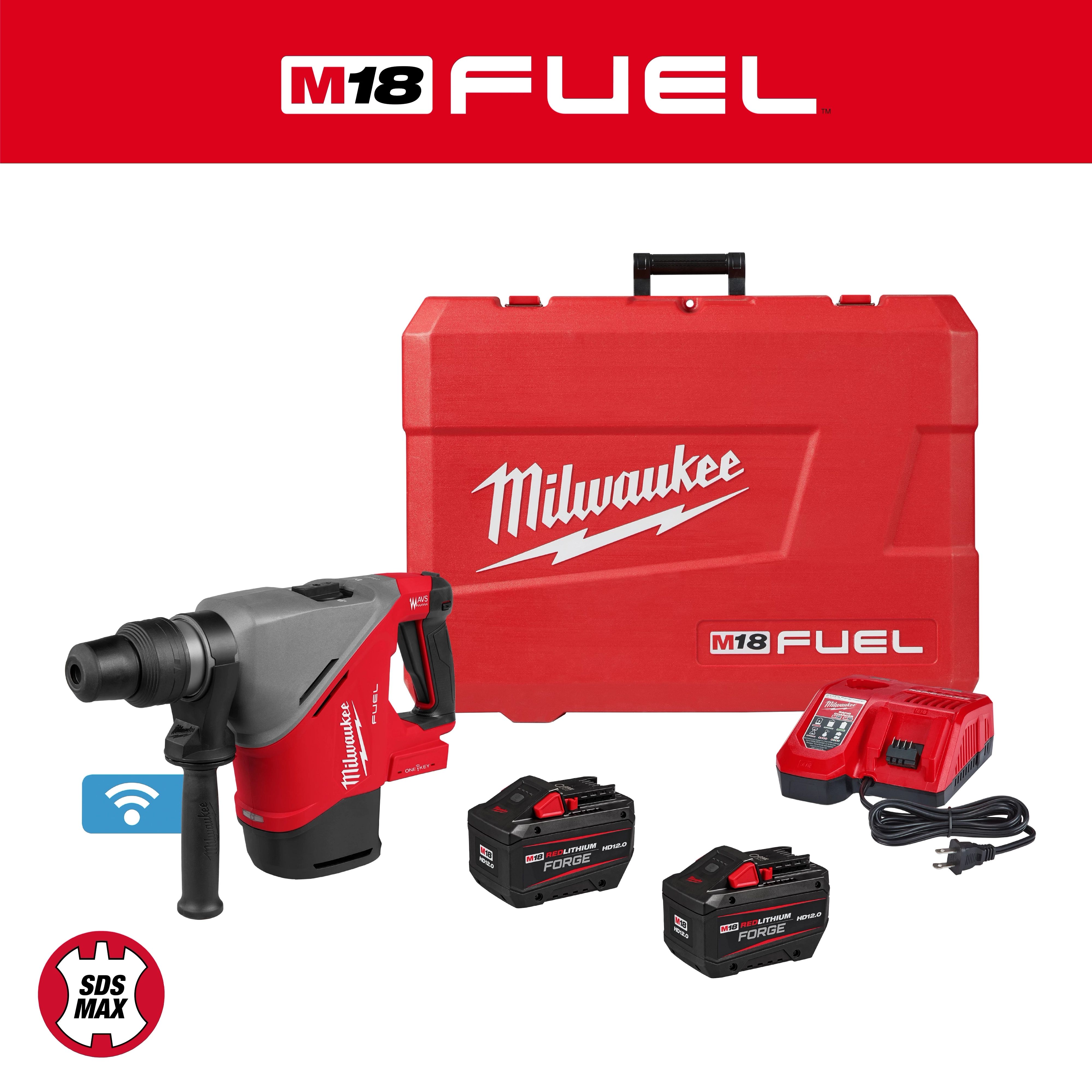 Milwaukee M18 FUEL 1-9/16" SDS Max Rotary Hammer with ONE-KEY, including two batteries, charger, and red carrying case.