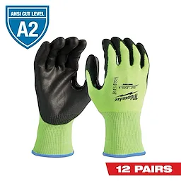 High Visibility Level 2 Cut Resistant Polyurethane Dipped Work Gloves (12-Pack) feature a green and black design with an ANSI A2 cut level rating.