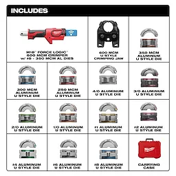 M18™ 600 MCM crimper with #8 - 350 MCM aluminum dies package includes a crimper, 600 MCM crimping jaw, various aluminum U-style dies from sizes #8 to 4/0, and a carrying case. The dies are designed for different MCM ratings with distinct color markings for easy identification.