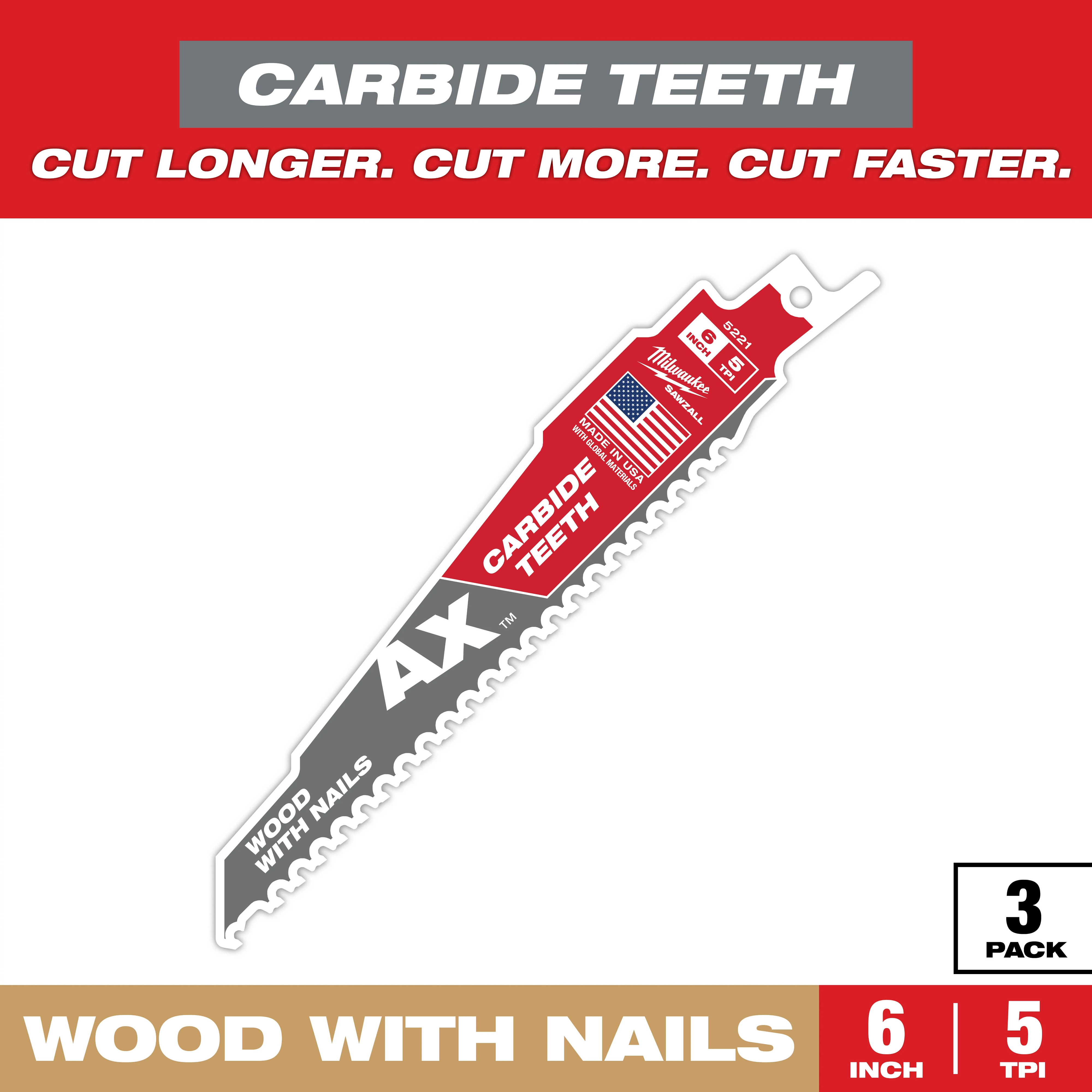 The Sawzall Bi-Metal Carbide Primary Images feature 6-inch saw blades with carbide teeth for cutting wood with nails. The pack includes three blades, each with 5 teeth per inch (TPI), designed to cut longer, faster, and more efficiently.