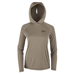 The image shows the Women's WORKSKIN™ Hooded Sun Shirt – Sandstone. It is a long-sleeved, light brown hooded shirt designed for sun protection with the Milwaukee logo on the chest.