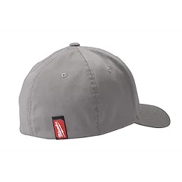 Gray Milwaukee Fitted Hat with a curved brim, featuring a small red and white Milwaukee logo tag on the side seam.