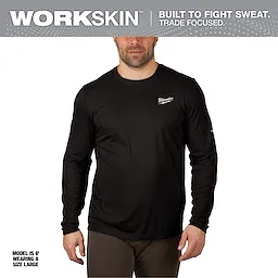 WORKSKIN Lightweight Performance Shirt - Long Sleeve in black, displayed on a male model wearing size large, text above reads "built to fight sweat."