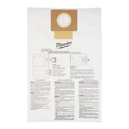 MILWAUKEE Fleec Dust Bags (5PK) - 6 Gallon shown with detailed instructions and a cardboard attachment for easy installation.