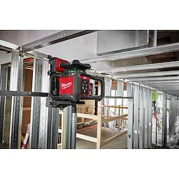 Image of the Milwaukee M18 Green Interior Rotary Laser Level Kit w/ Remote/Receiver & Wall Mount Bracket being used on a jobsite