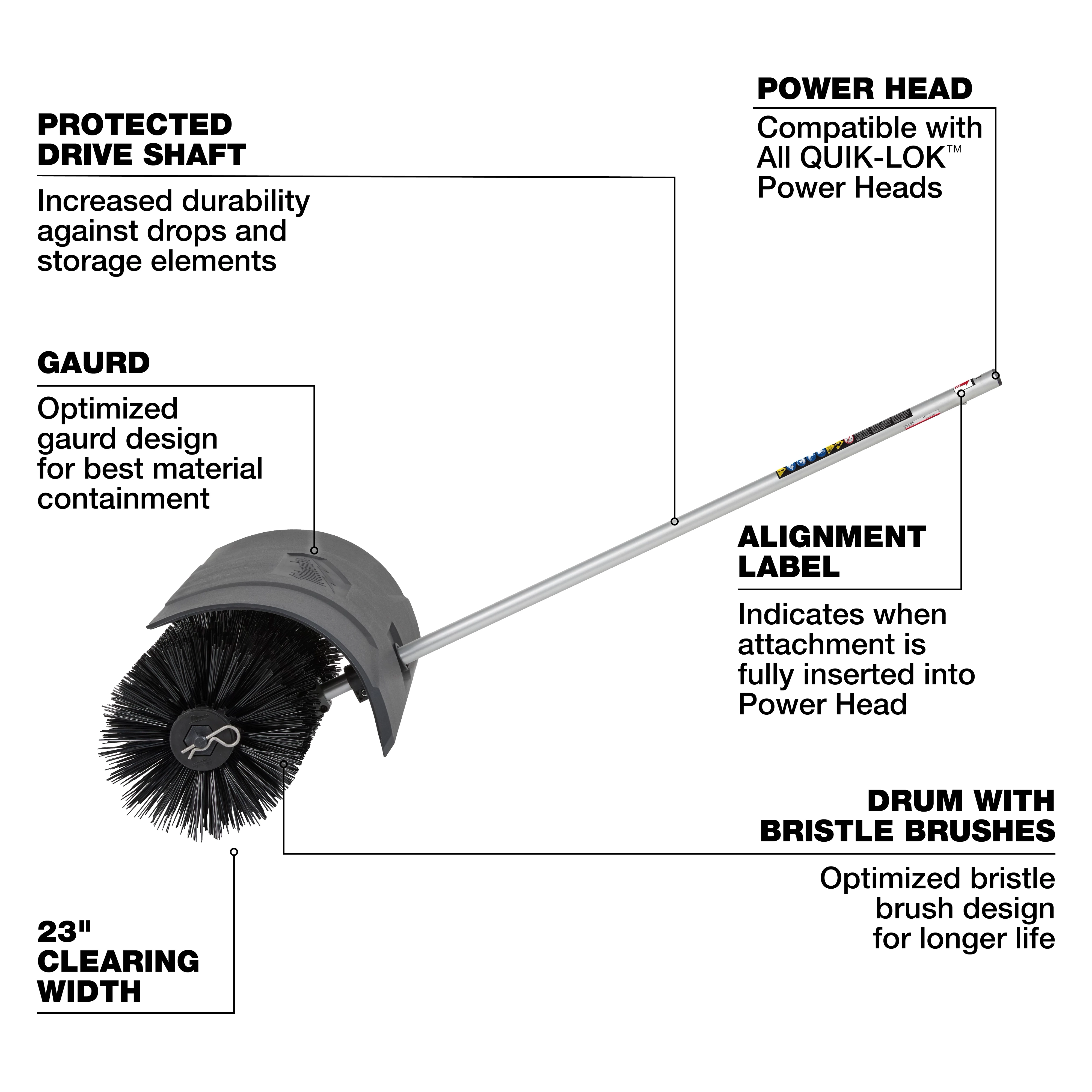 M18 FUEL QUIK-LOK Bristle Brush Attachment with long shaft and large cylindrical bristle drum on white background.