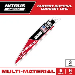 The Nitrus Carbide Wrecker Multi-Material saw blade is shown. It features a black and red design with an American flag, indicating it is 6 inches long and has 6 teeth per inch. The packaging promotes "Fastest Cutting. Longest Life." and comes in a pack of three.