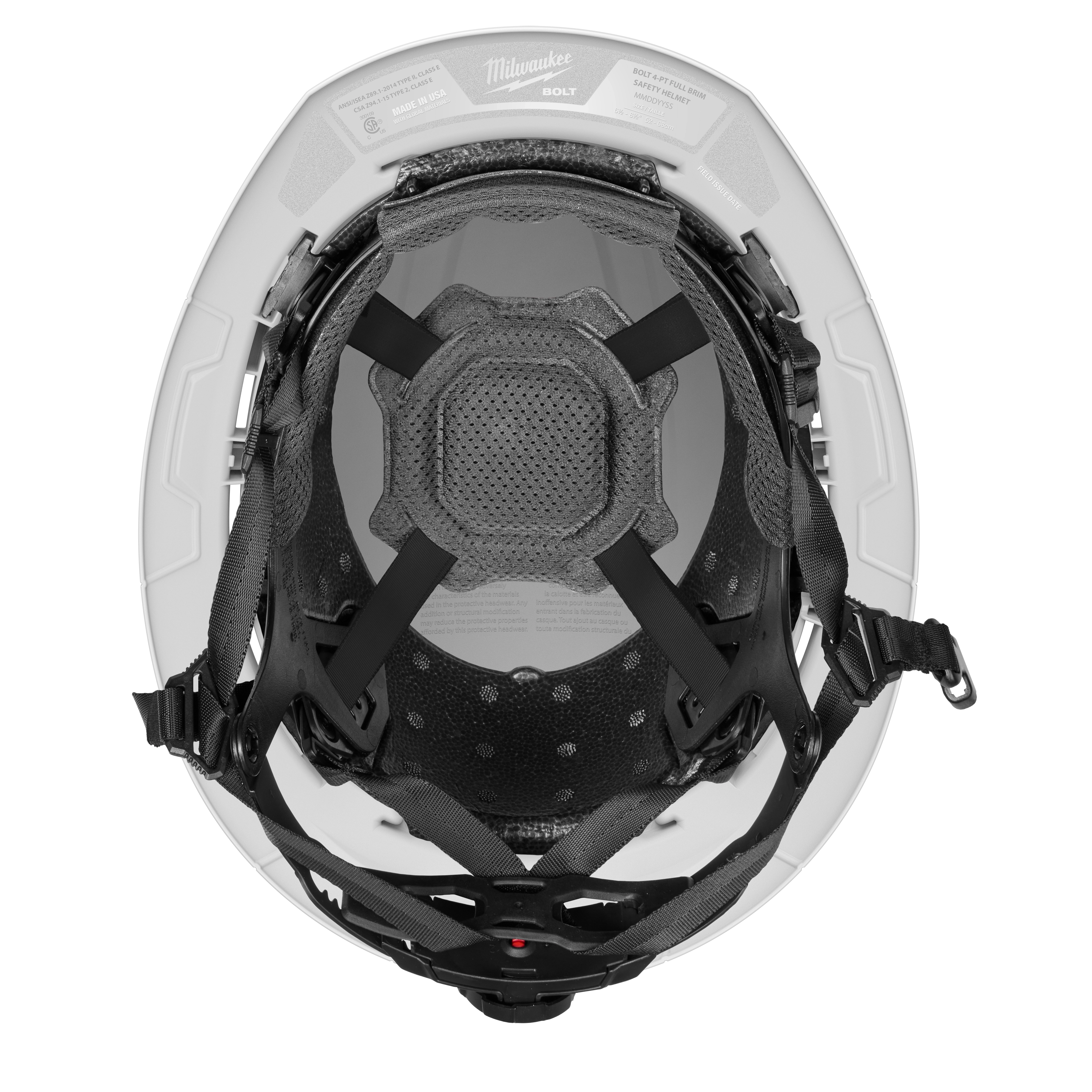 The BOLT™ White Full Brim Safety Helmet w/ 4pt Ratcheting Suspension – Type 2, Class E features a secure interior system with adjustable straps and a comfortable padded insert for enhanced safety and fit. The helmet ensures compliance with safety standards and offers optimal protection for industrial and construction environments.