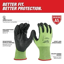 High Visibility Level 5 Cut Resistant Polyurethane Dipped Work Gloves features a touchscreen compatible and reinforced nitrile coating.
