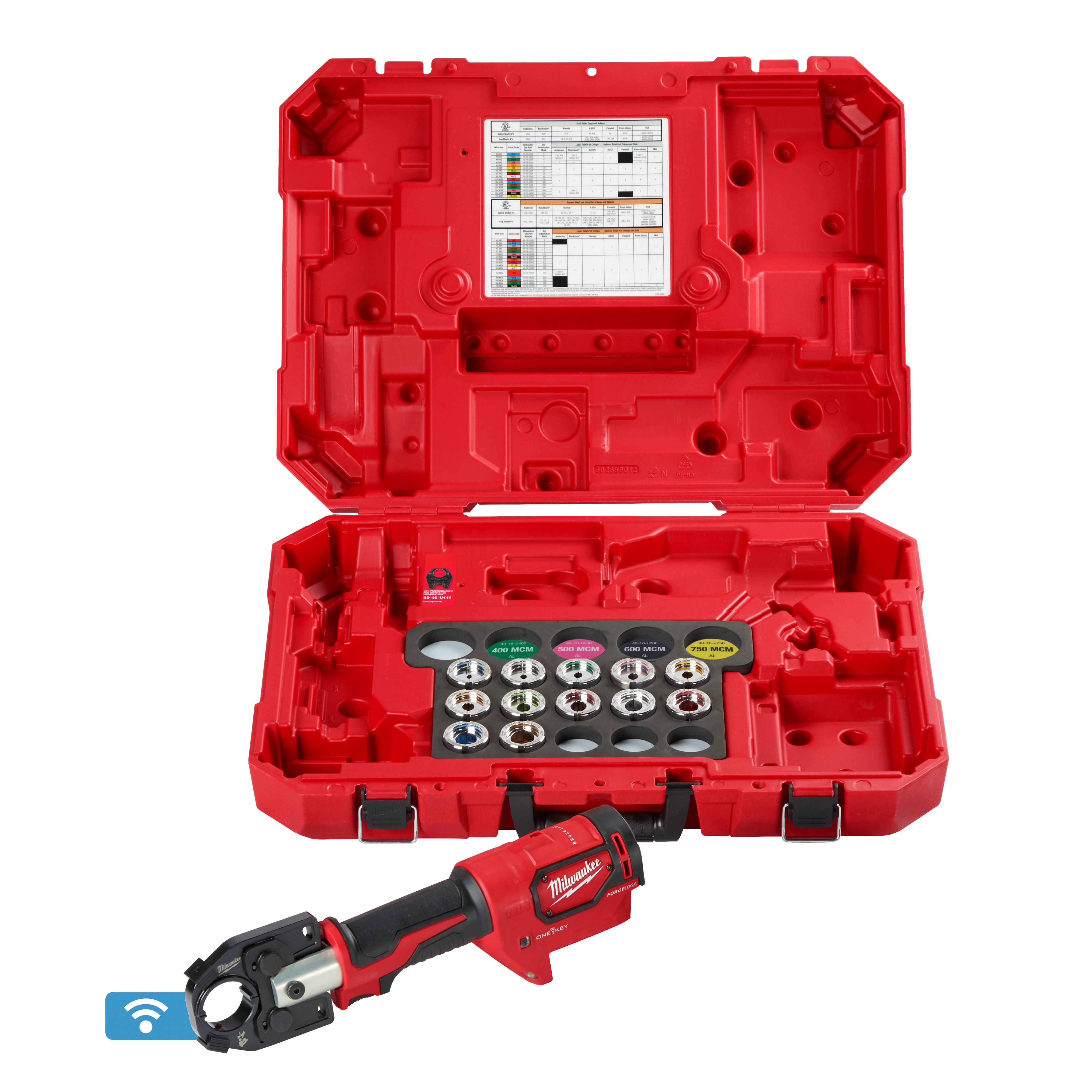 The M18™ FORCE LOGIC™ 600 MCM Crimper w/ #8 - 350 MCM Al Dies is shown along with its red carrying case. The crimper and various colored dies are organized neatly within the case, which has compartments and a chart for reference on the inside lid.