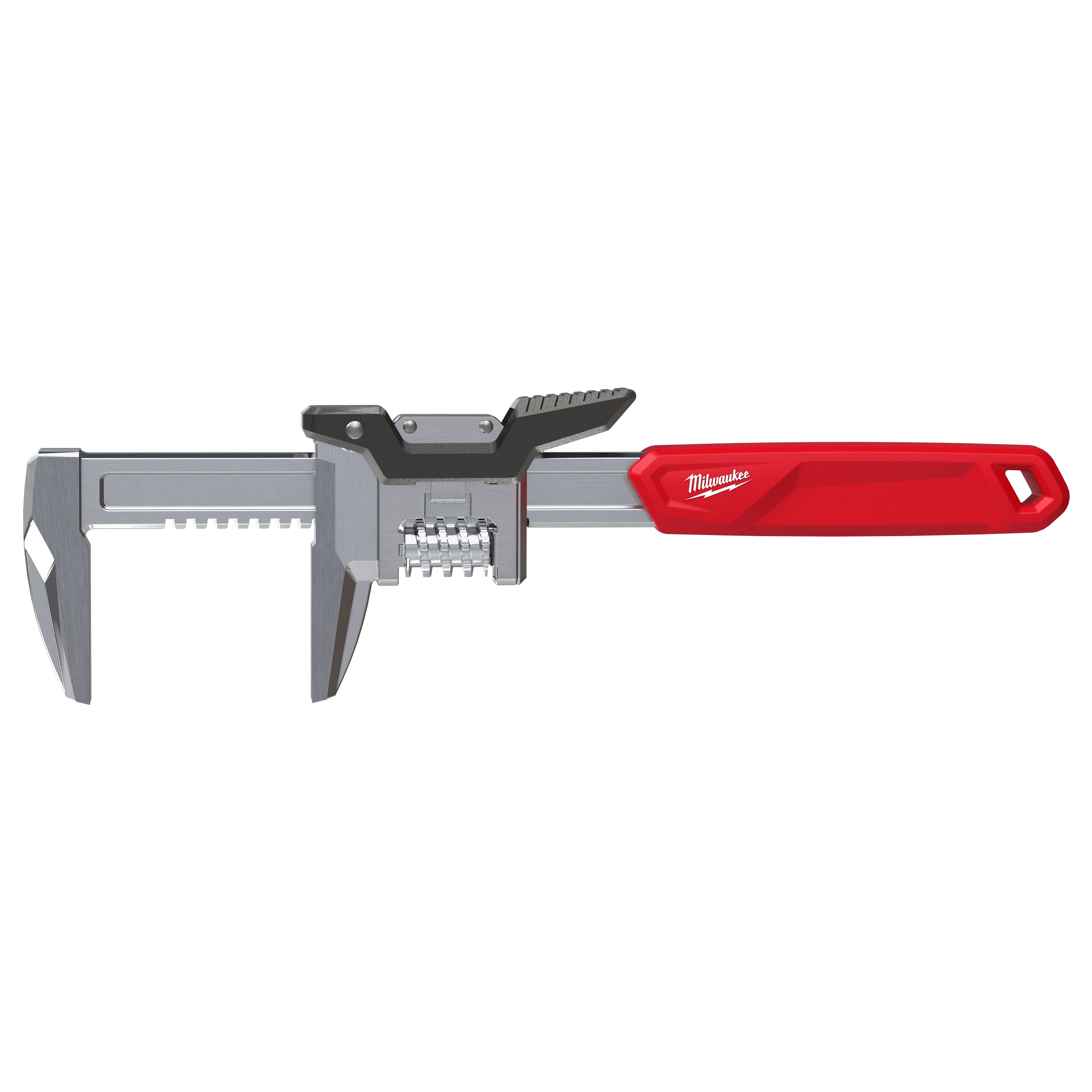 12” Quick Adjust Smooth Jaw Wrench with a metal adjustable jaw and a solid red handle on a plain background.