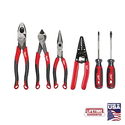 6 PC. Comfort Grip Cutting Pliers, Wire Stripper, & Cushion Grip Screwdrivers Set (USA) with red and black handles.