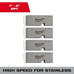 Universal Dies Image Reel includes four high-speed steel dies for 1" to 2" NPT threading, labeled with the Milwaukee logo.
