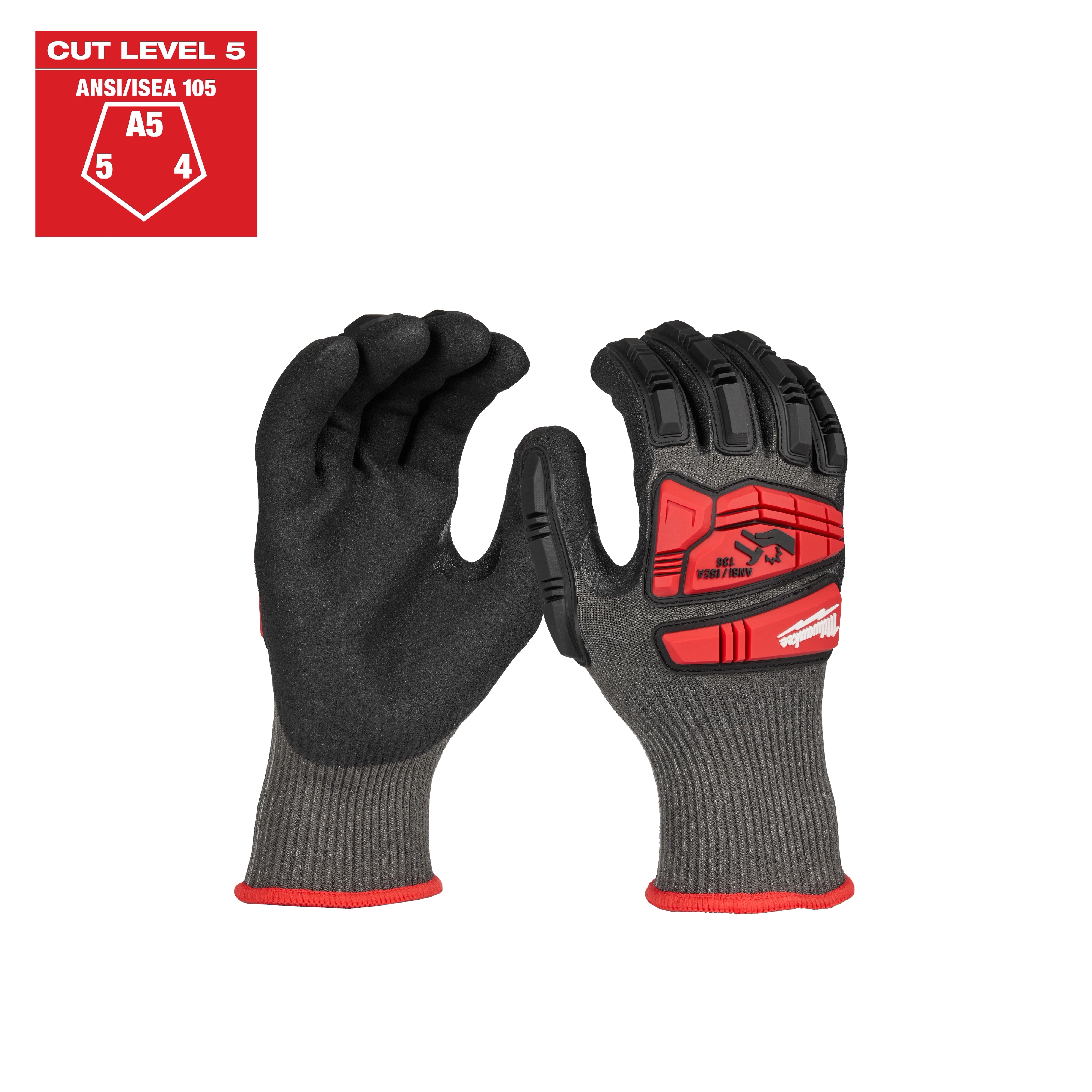 IMPACT CUT 5 NITRILE DIP GLOVE in gray with black and red accents, featuring cut level 5 protection per ANSI/ISEA 105 standards.