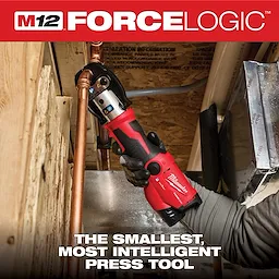 M12 FORCE LOGIC Press Tool Kit w/ ONE-KEY shown pressing a copper pipe in a tight construction space with tagline below.