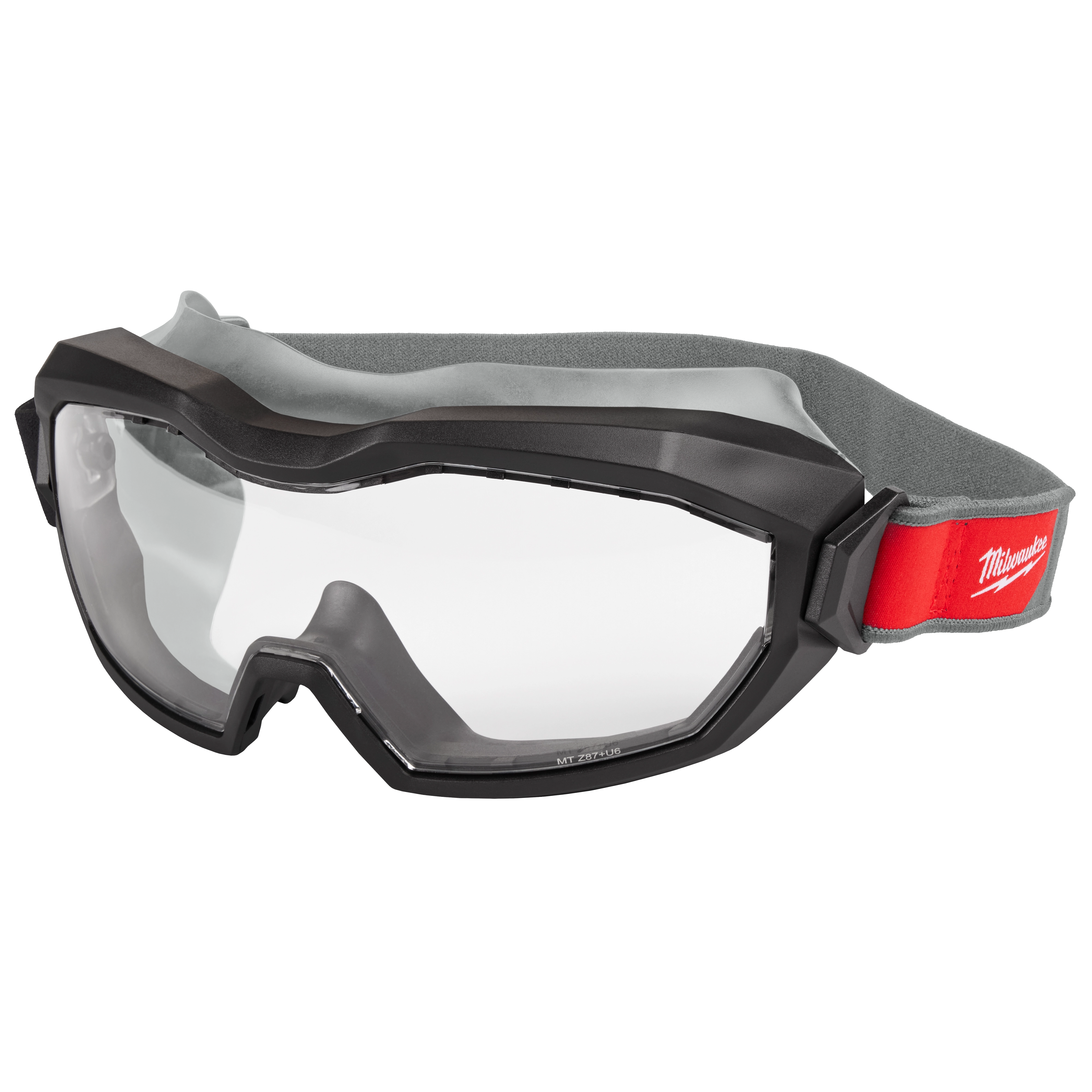 Non-Vented Goggles - Clear Dual Coat Lens features a black frame with a red adjustable strap and clear protective lenses.