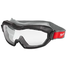 Non-Vented Goggles - Clear Dual Coat Lens features a black frame with a red adjustable strap and clear protective lenses.