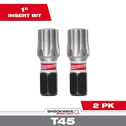 Image of SHOCKWAVE™ Impact Duty 1" T45 Insert Bits 2Pk. The packaging shows two metallic, hex-shaped bits with black tips and red branding. The text highlights "1" Insert Bit" and "2 PK" for two pieces per pack. Designed for high-impact drilling tasks.