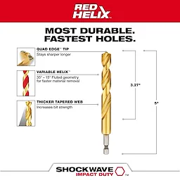 Milwaukee 48-89-4627 Walkaround drill bit with RED HELIX design features Quad Edge tip, Variable Helix, and Thicker Tapered Web.