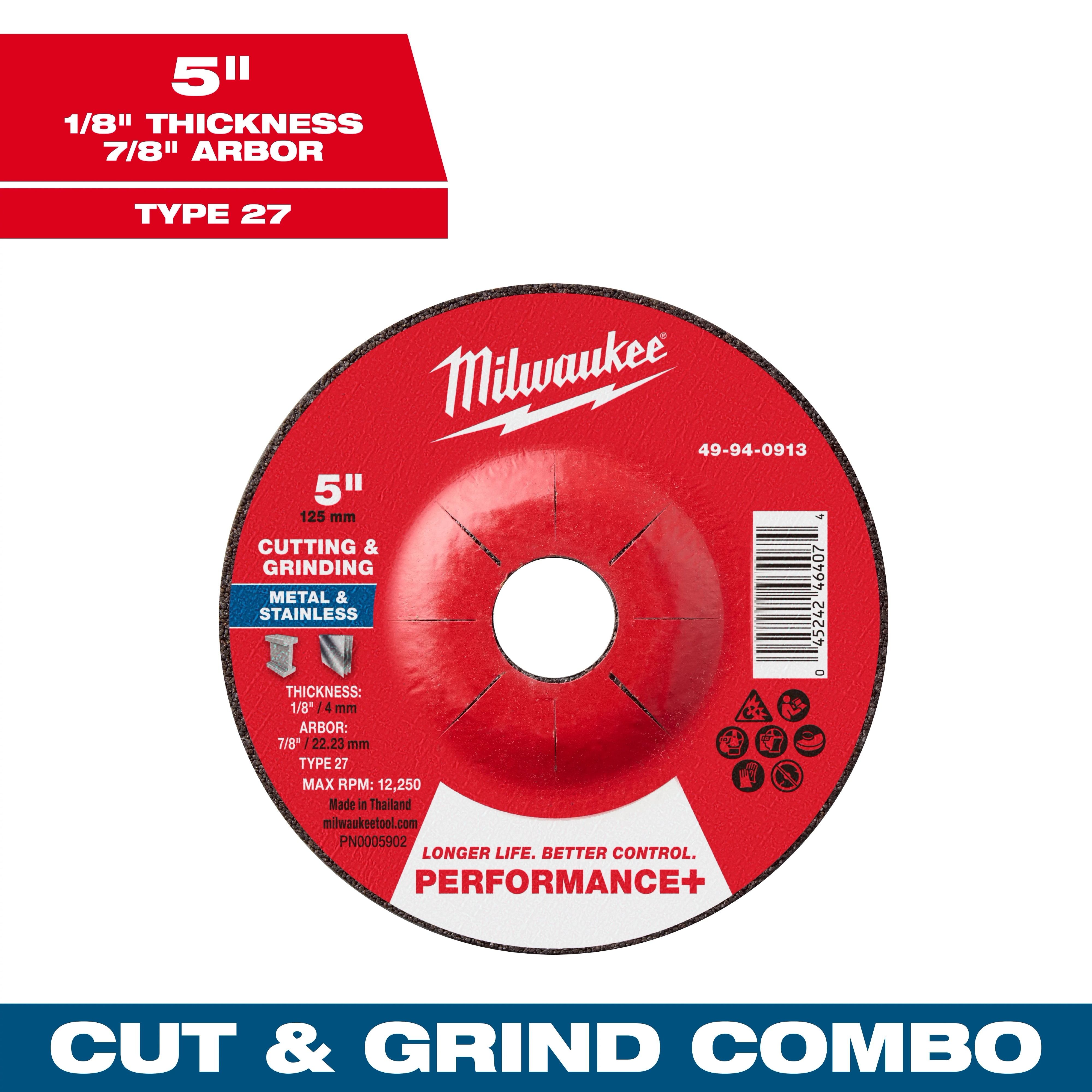 5" x 1/8" x 7/8" Performance+ Dual Metal Cut & Grind Wheel - Type 27. Red and black abrasive wheel for cutting and grinding.