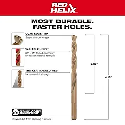Milwaukee 48-89-2314 drill bit with Red Helix design features Quad Edge Tip, Variable Helix, Thicker Tapered Web, and Secure-Grip.