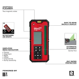 Walkaround image of the Milwaukee Green Interior Rotary Laser Remote Control & Receiver highlighting its USPs