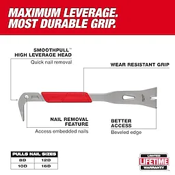 The 16" Molding Puller features a Smoothpull high-leverage head for quick nail removal, a wear-resistant grip, and a nail removal feature to access embedded nails. It has a beveled edge for better access and includes a limited lifetime warranty. Compatible with nail sizes 8D, 10D, 12D, and 16D.