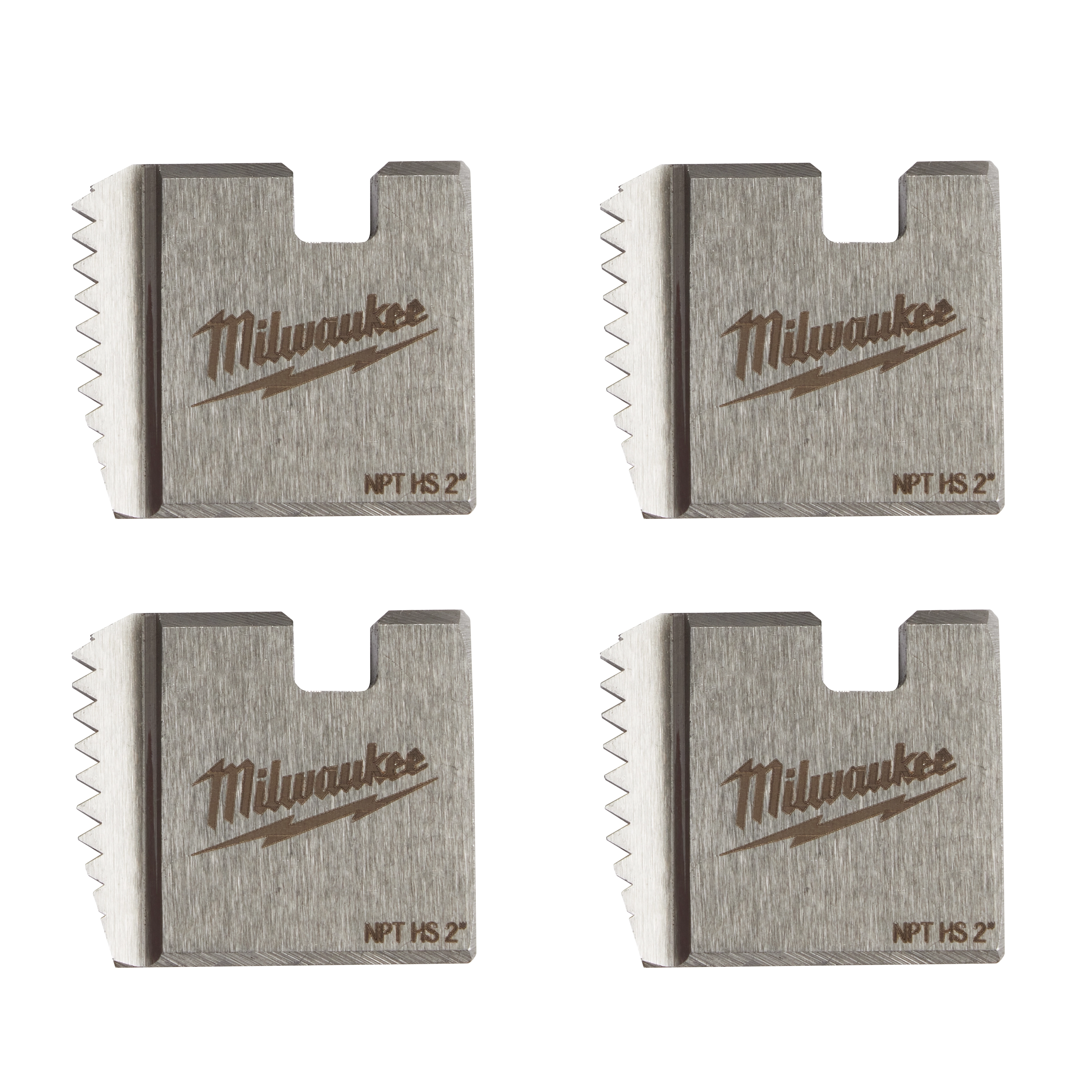Four Portable Pipe Threading Dies are displayed. Each die has a rectangular shape with serrated edges and is branded with the Milwaukee logo. The die markings include "NPT HS 2"."