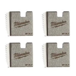 Four Portable Pipe Threading Dies are displayed. Each die has a rectangular shape with serrated edges and is branded with the Milwaukee logo. The die markings include "NPT HS 2"."