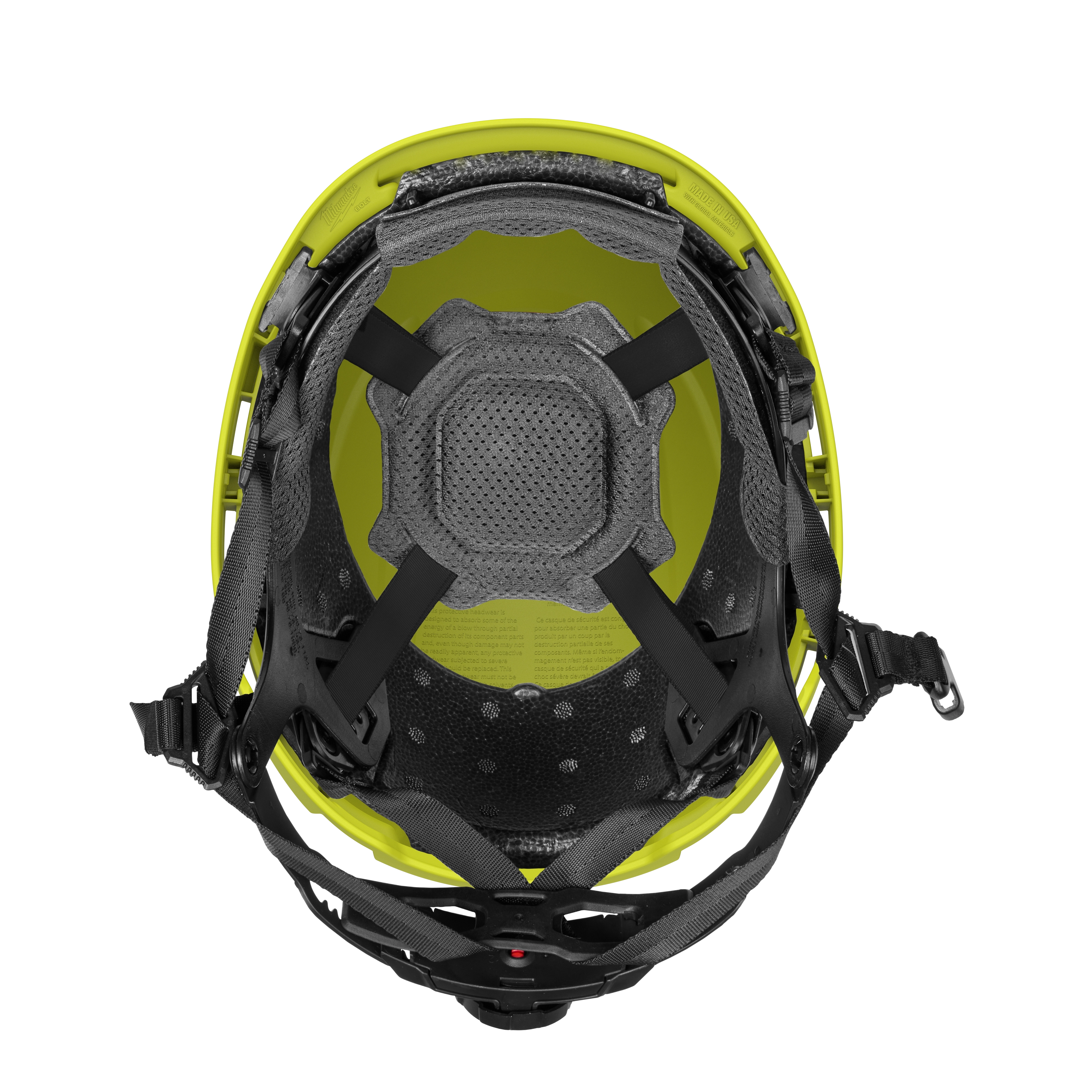 BOLT™ Hi-Viz Green Safety Helmet with 4pt Ratcheting Suspension – Type 2, Class E, viewed from the bottom, showcasing the interior cushioning and adjustable strapping system. The helmet's bright green color and suspension design ensure visibility and comfort while providing high-level head protection.