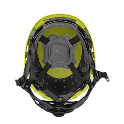 BOLT™ Hi-Viz Green Safety Helmet with 4pt Ratcheting Suspension – Type 2, Class E, viewed from the bottom, showcasing the interior cushioning and adjustable strapping system. The helmet's bright green color and suspension design ensure visibility and comfort while providing high-level head protection.