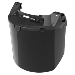 Black protective face shield with a top attachment for securing.