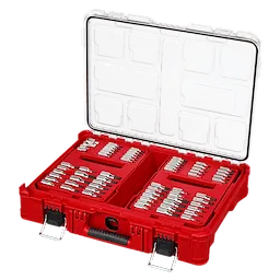 106pc 1/4", 3/8", and 1/2" Drive Bit Socket Set with PACKOUT Organizer in an open red hard case with organized bits.