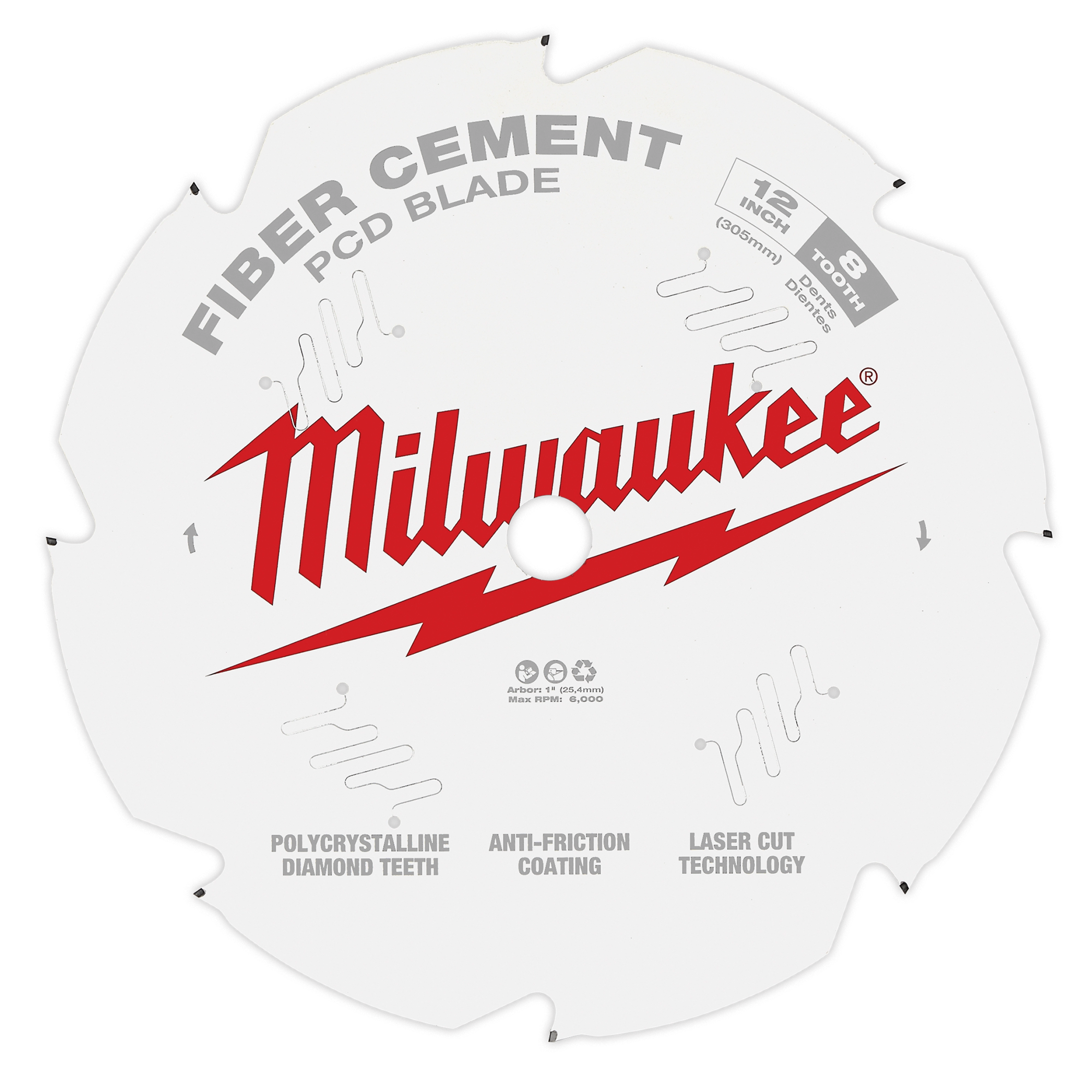 Fiber Cement Circular Saw Blade with polycrystalline diamond teeth, anti-friction coating, and laser cut technology. 12-inch, 8 teeth.