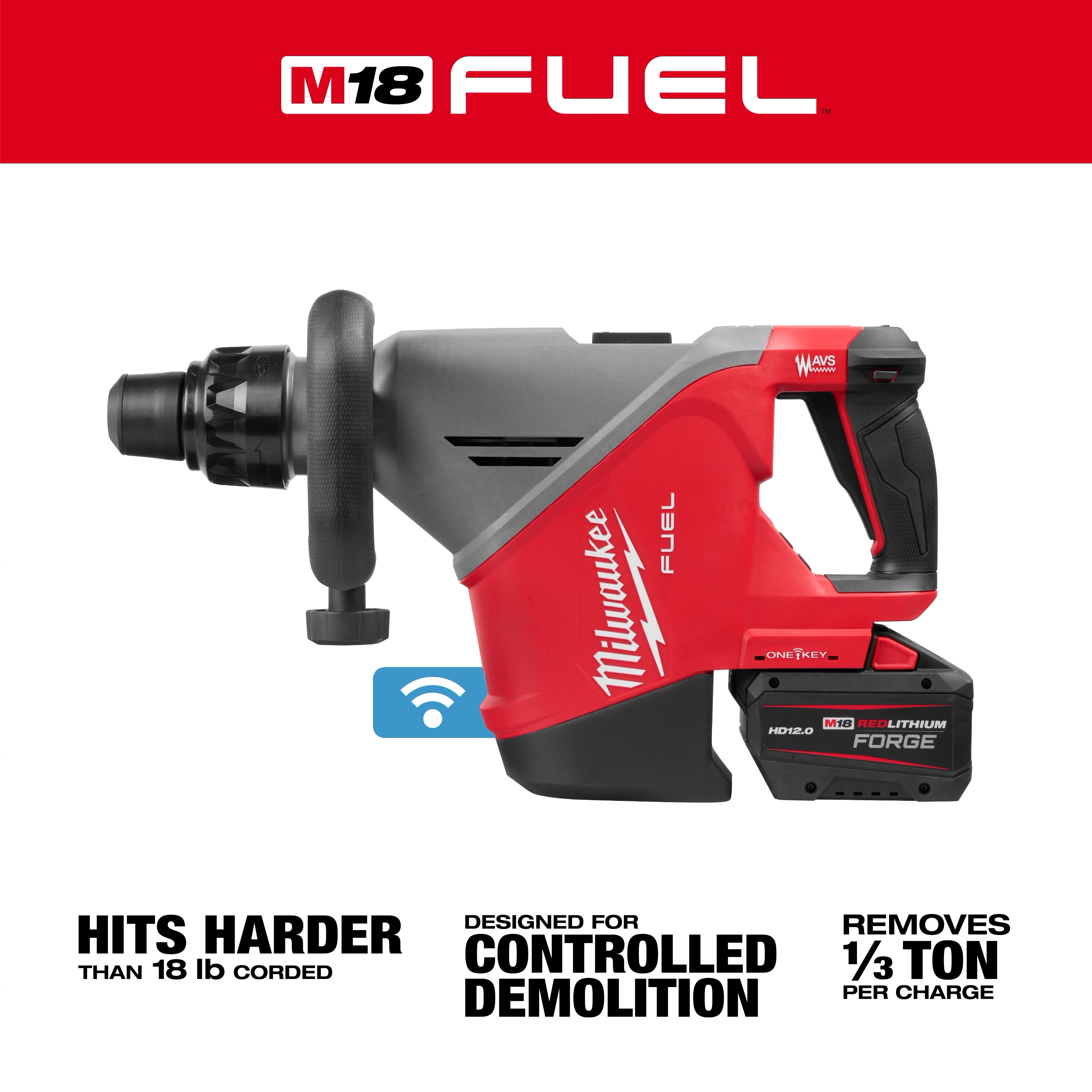 M18 FUEL 18 lb SDS MAX Demolition Hammer Kit w/ ONE-KEY displayed with battery and text about controlled demolition.