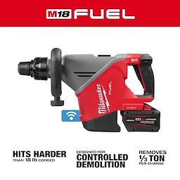 M18 FUEL 18 lb SDS MAX Demolition Hammer Kit w/ ONE-KEY displayed with battery and text about controlled demolition.