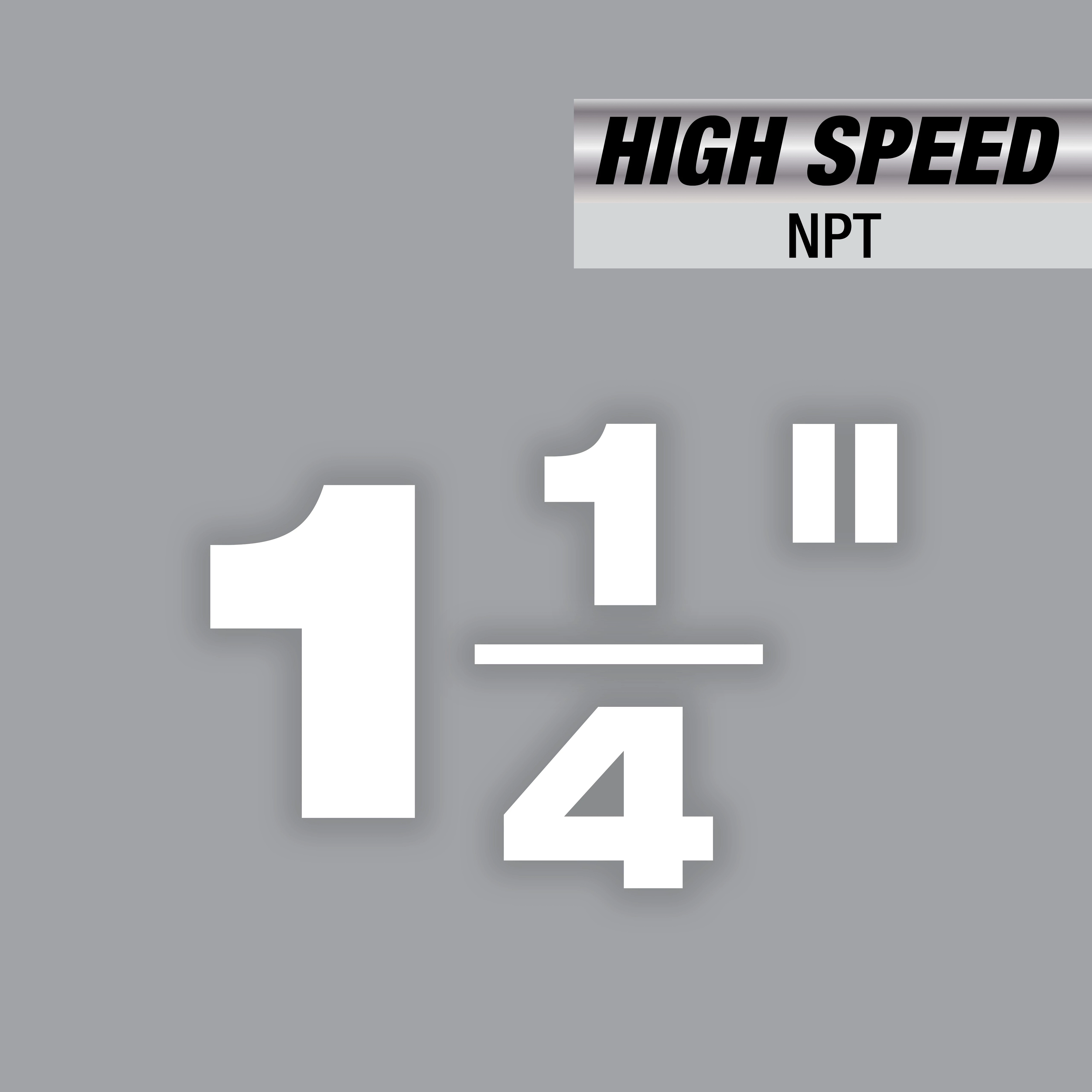 1-1/4" High Speed NPT Forged Aluminum Die Head with a grey background and bold black and white text, emphasizing size and NPT type.
